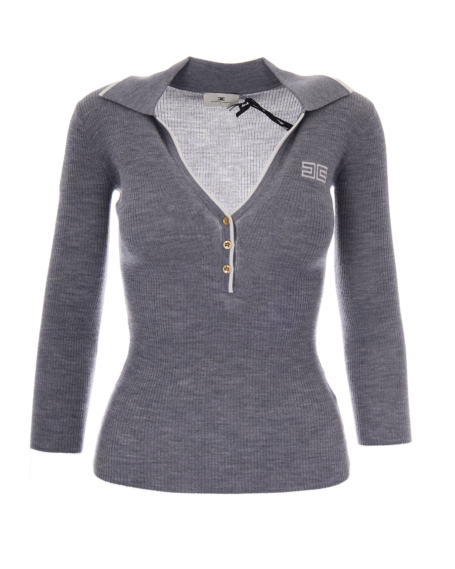 Polo Top Grey Melange-Ivory Melange/ivory Wool Tops