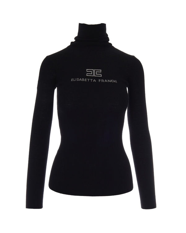 Turtleneck Ribbed Top Black-Butter Black/butter Wool Jumpers