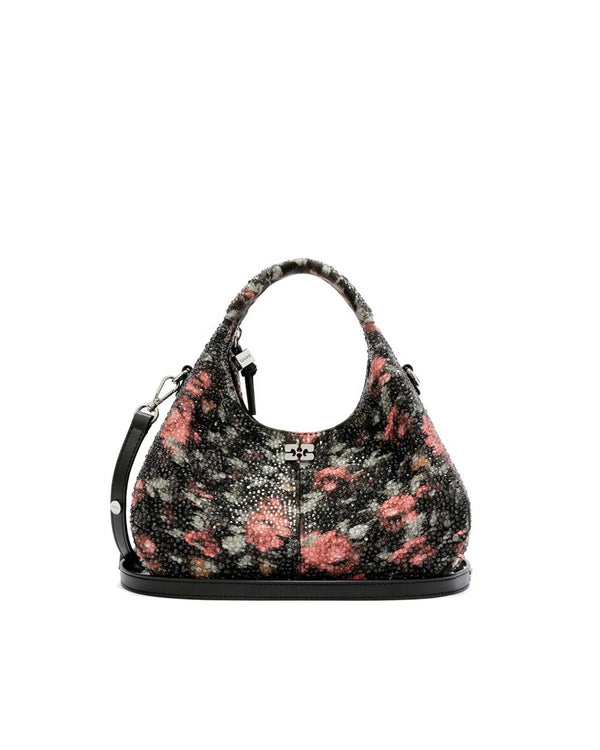 Hobo Bag Mini Flowers Black Recycled Cotton Handbags
