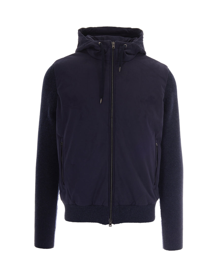 Hooded Zip Jacket Double-Fabric Navy Blue