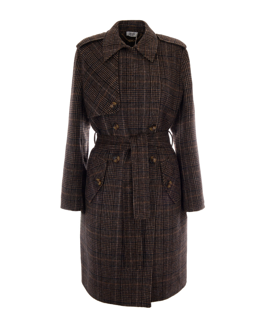Long Coat Camel Check Wool Polyester