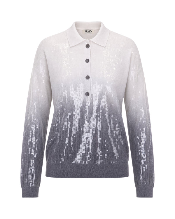 Sequin Polo Sweater Grey Shaded Viscose Tops
