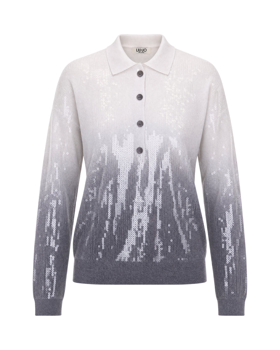 Sequin Polo Sweater Grey Shaded Viscose Tops