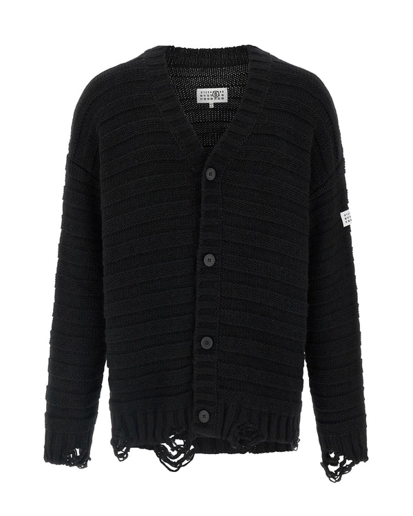 Cardigan V-Neck Destroyed Black Virgin Wool Cardigans