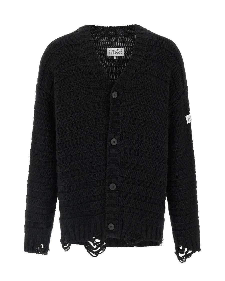 Cardigan V-Neck Destroyed Black Virgin Wool Cardigans