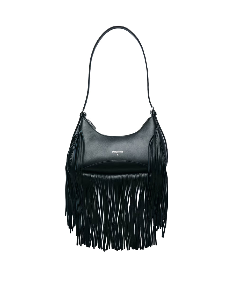 Fringe Leather Shoulder Bag Black Calf