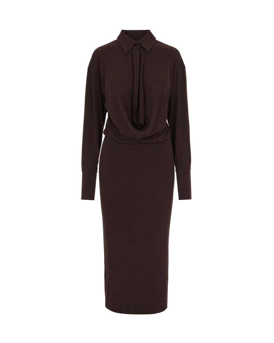 Midi Dress With Draped Cowl Neck Dark Brown Polyester Evening Suits