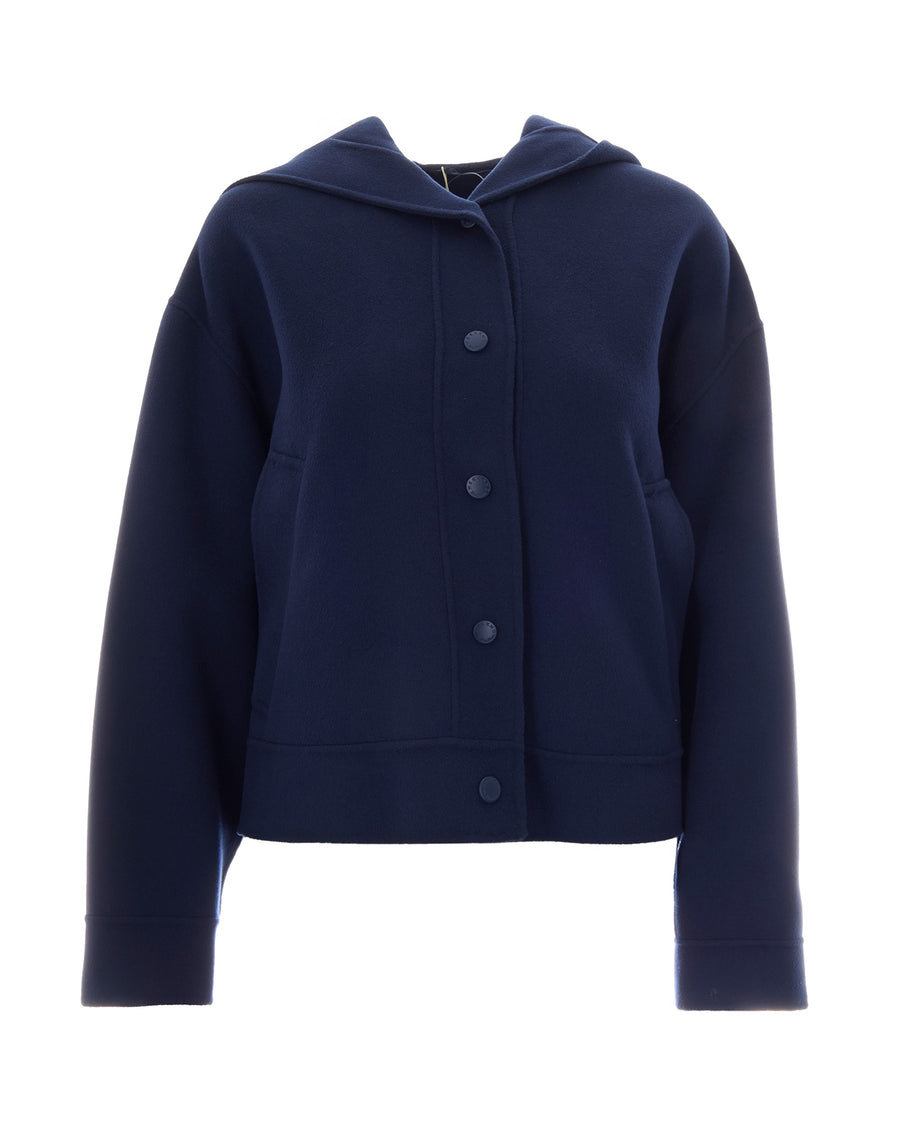 Boxy Hooded Double Wool Jacket Blue Virgin