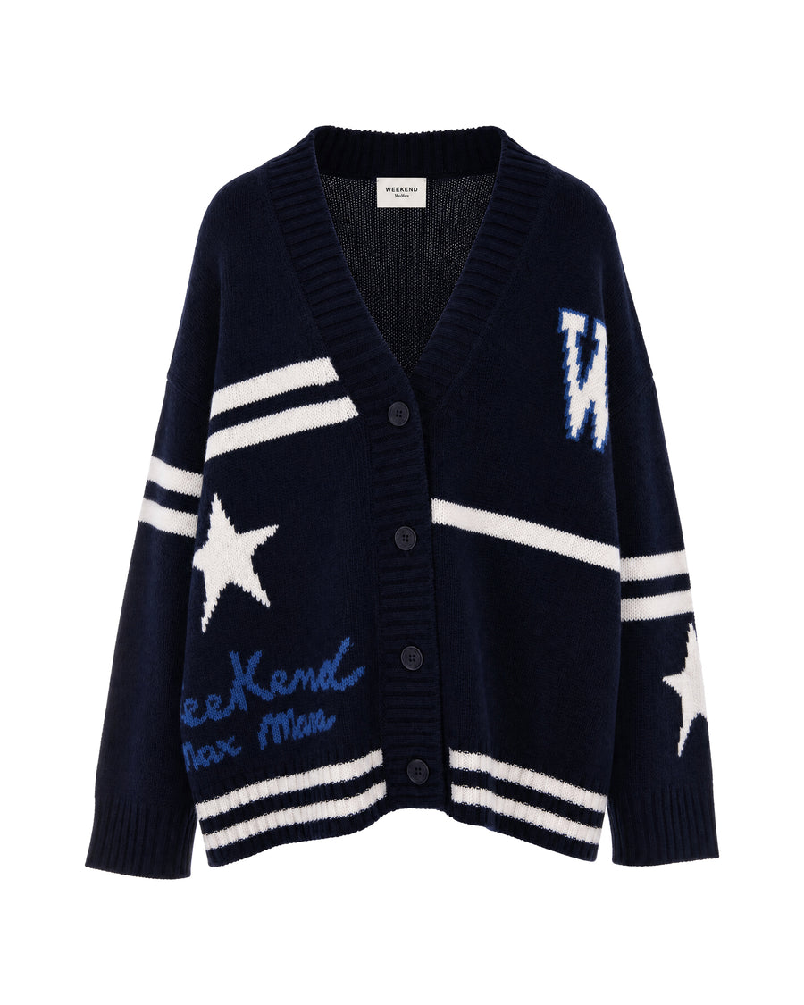 V-Neck Wool Cardigan With Star Intarsia Navy Blue Virgin Cardigans
