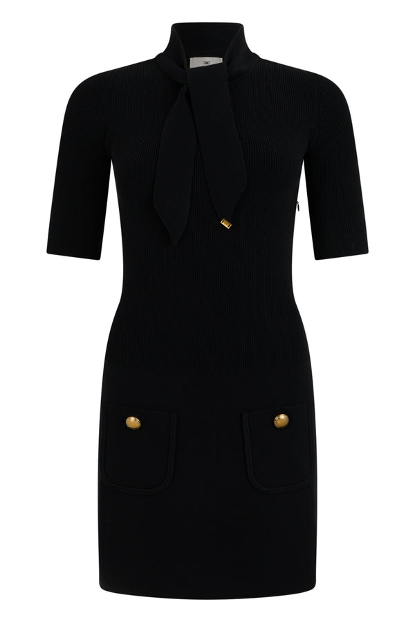 Knitted Mini Dress With Scarf — Black Viscose