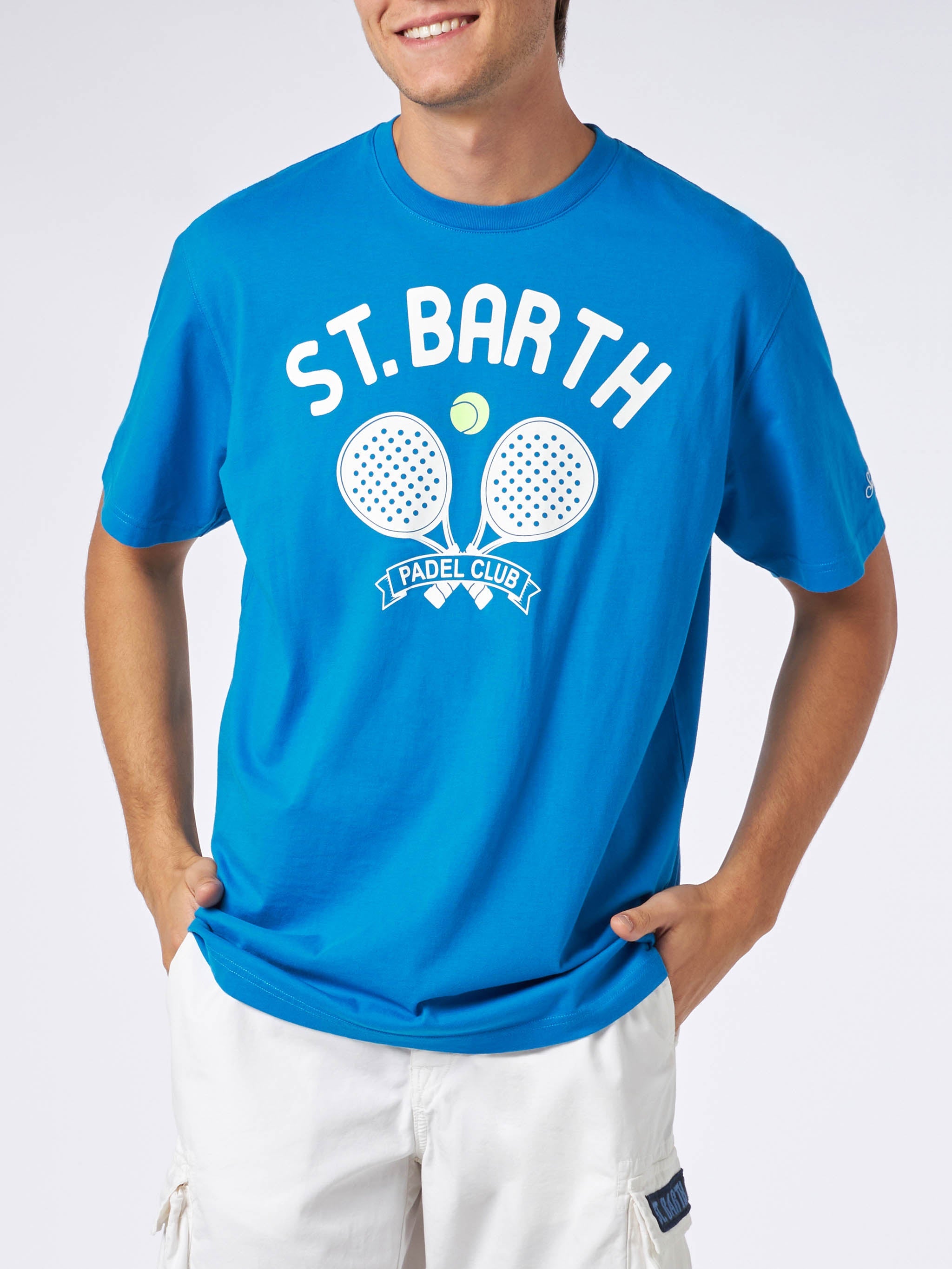 Man Heavy Cotton T-Shirt With St. Barth Padel Club Print Blue