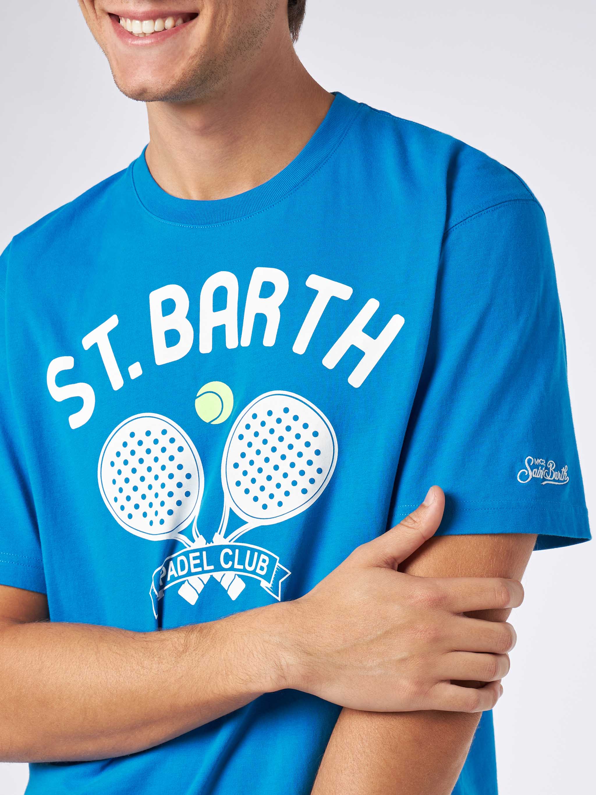 Man Heavy Cotton T-Shirt With St. Barth Padel Club Print Blue