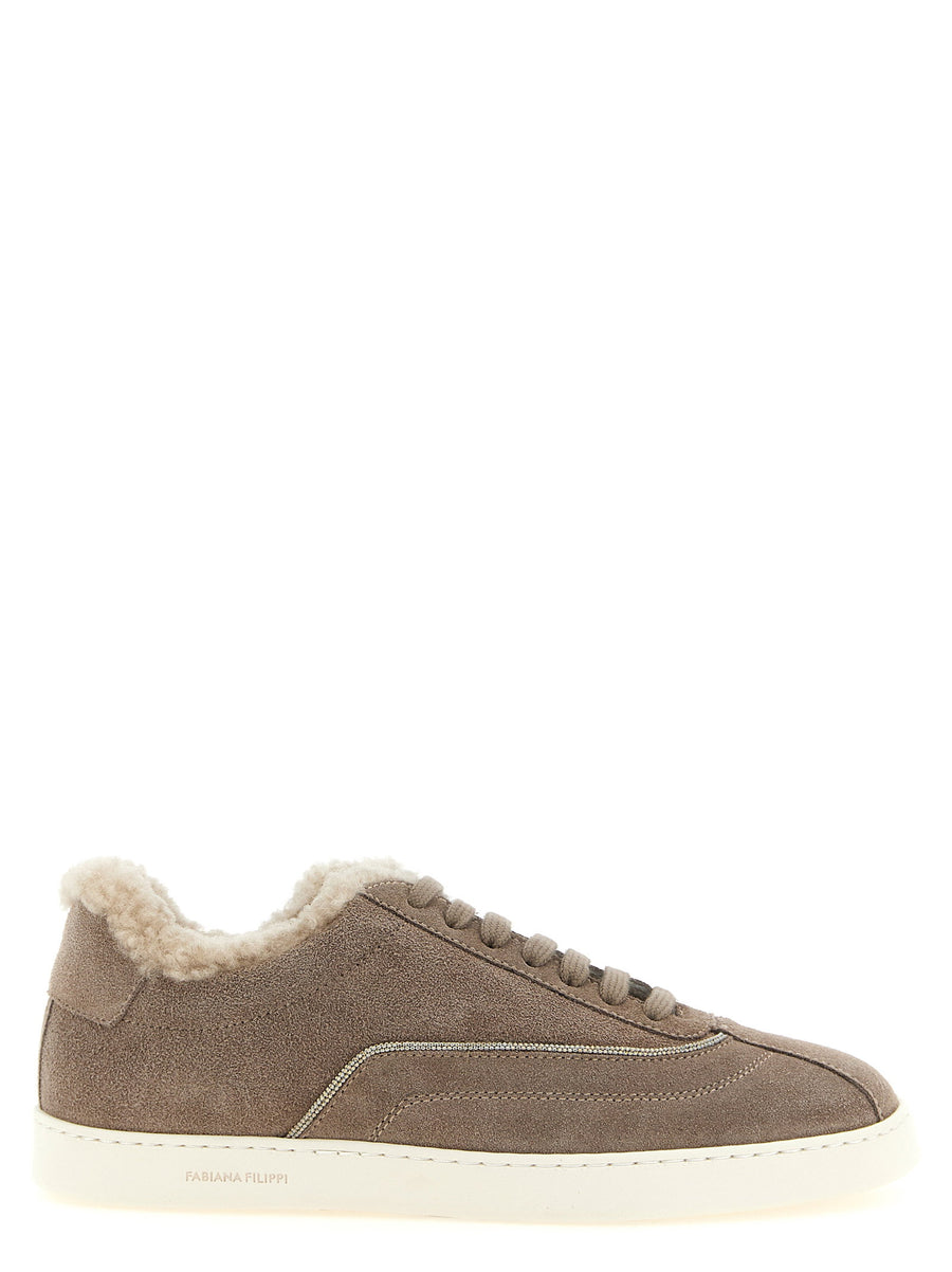 Fabiana Filippi Shearling-Lined Suede Sneaker — Taupe
