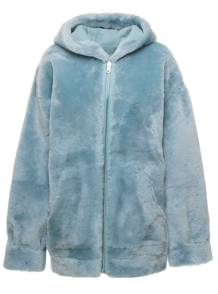 Marien Meinillo Lacon Reversible Oversize Hooede Shearling Coat Light Blue Sheep Jackets And Furs