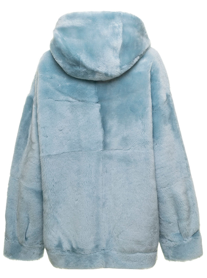 Marien Meinillo Lacon Reversible Oversize Hooede Shearling Coat Light Blue Sheep Jackets And Furs
