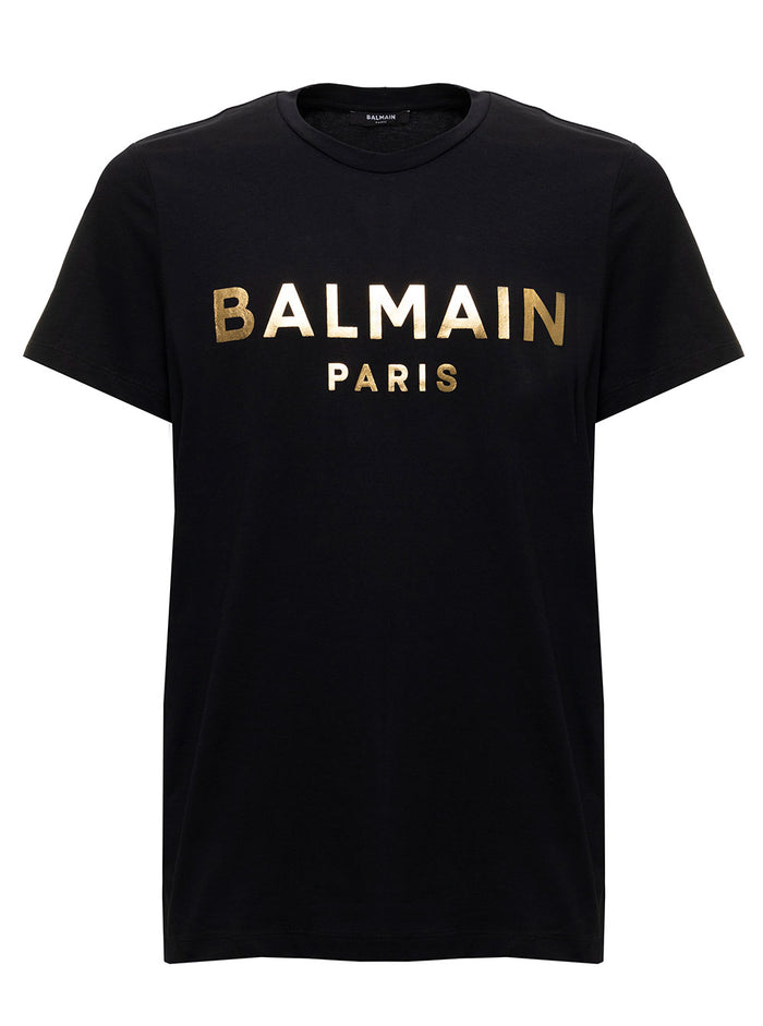 Balmain Mans Black Cotton T-Shirt With Metallic Logo Print Organic Tshirts And Polo Shirts