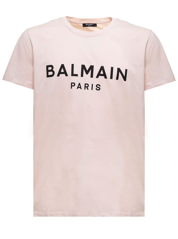 Pink Cotton T-Shirt With Logo Print Balmain Man Tshirts And Polo Shirts
