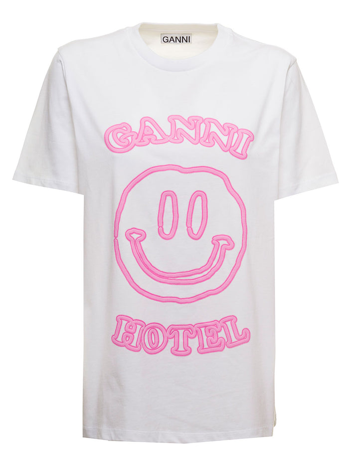White Organic Cotton T-Shirt With Embroidered Logo Ganni Woman Tshirts And Polo Shirts