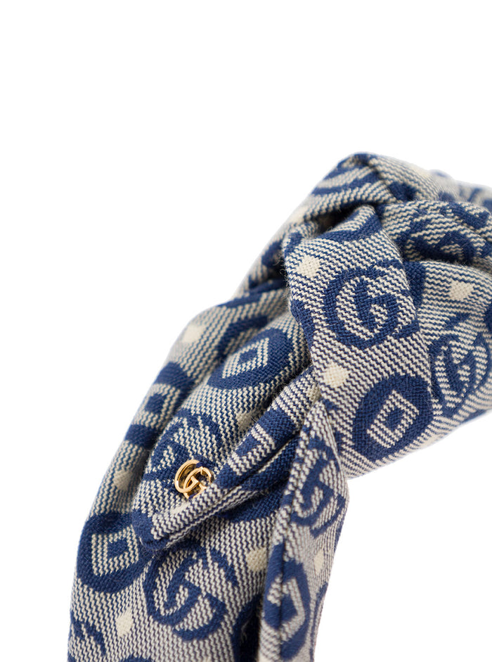 White And Blue Headband Double G Canvas Gucci Kids Blu Cotton Polyester Hair Accessories
