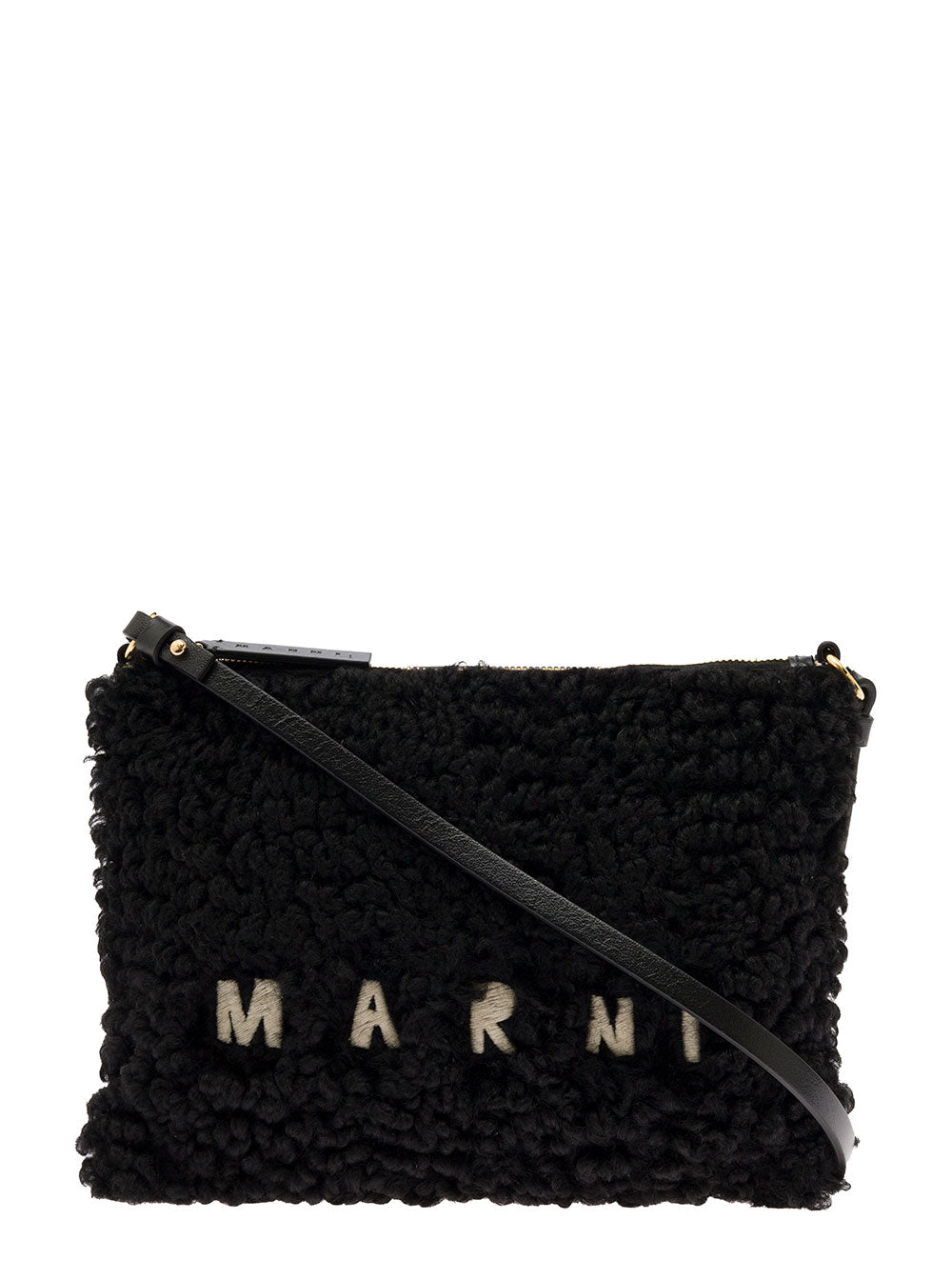 Black Sheepskin And Leather Crossbody Bag With Logo Marni Woman Lamb