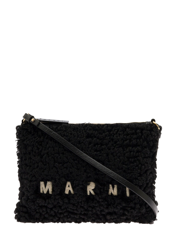 Black Sheepskin And Leather Crossbody Bag With Logo Marni Woman Lamb
