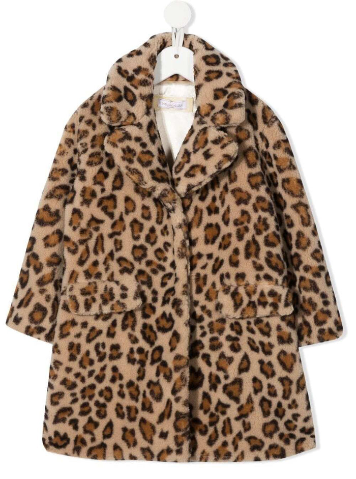 Animalier Print Plush Brown Coat Girl Monnalisa Polyester