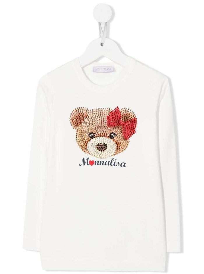 White Cotton T-Shirt With Rhinestones Teddy Bear Monnalisa Girl Elastane Jersey