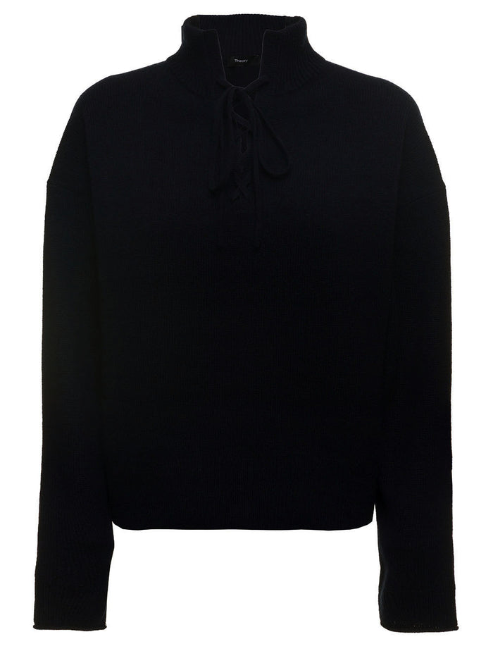 Theory Womans Blue Cashmere Turtleneck Sweater With Laces Blu Jersey