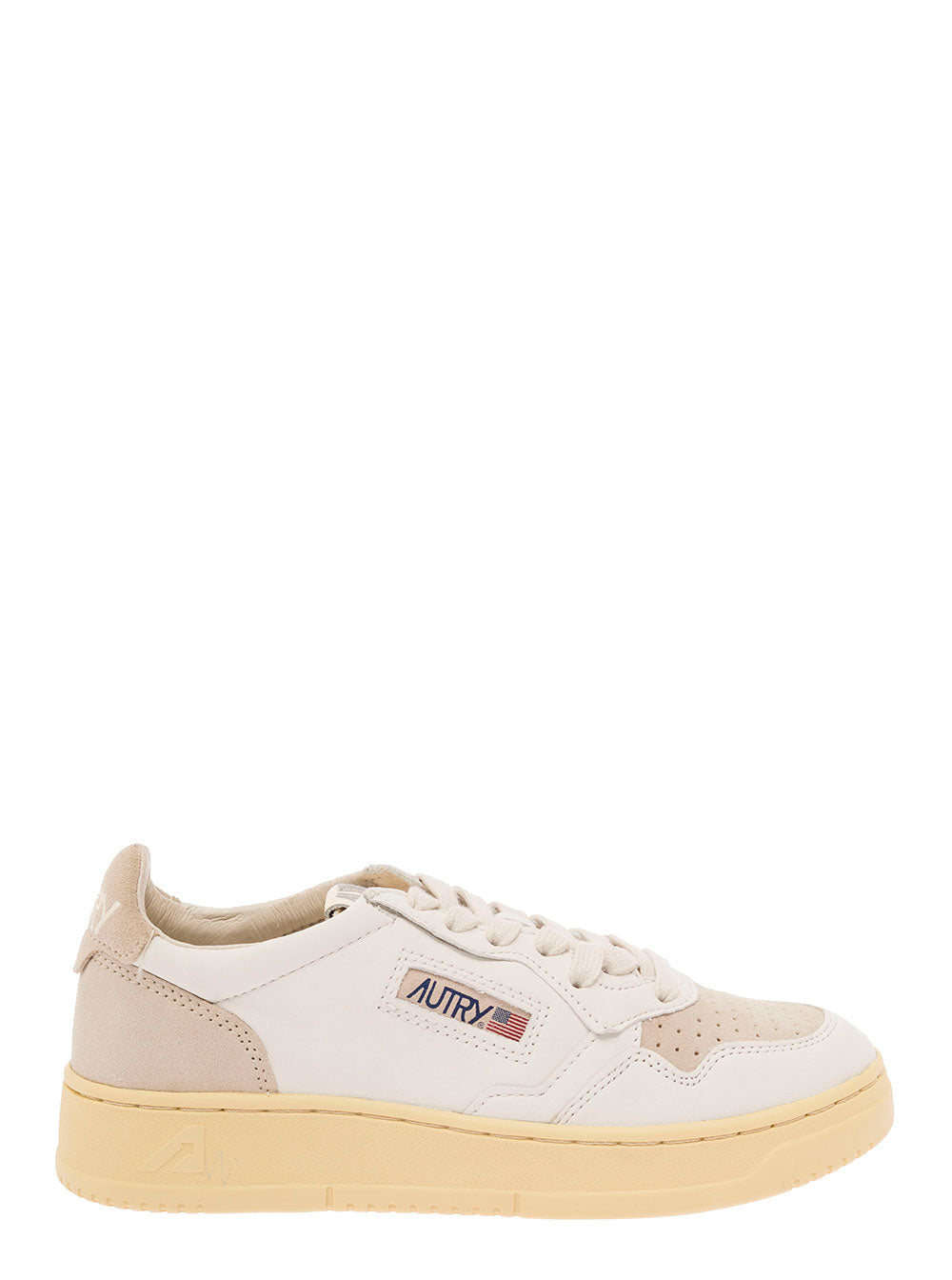 White And Beige Medalist Low Sneakers With Lace-Up Fastening Leather Woman Goat Suede Cow