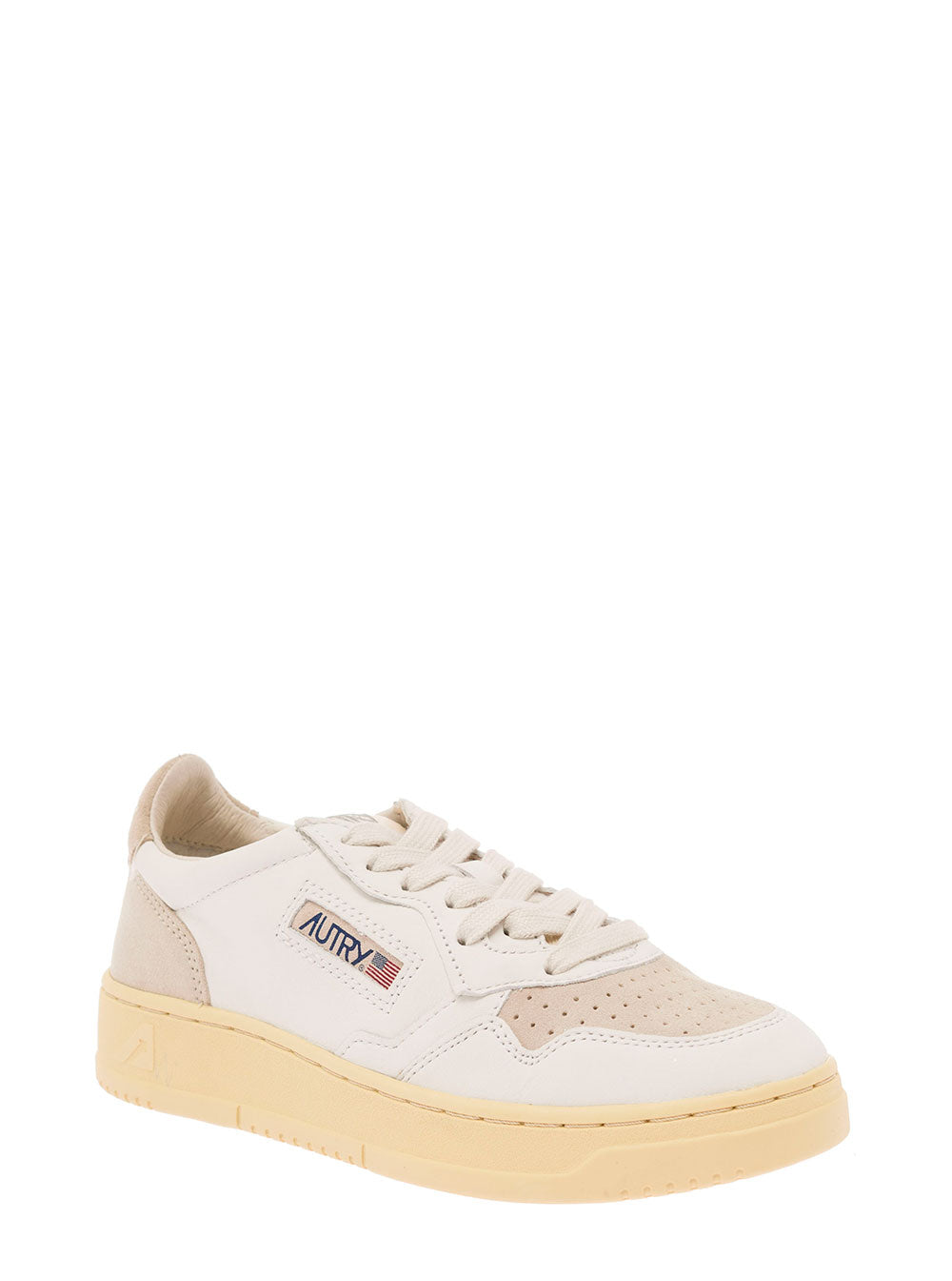 White And Beige Medalist Low Sneakers With Lace-Up Fastening Leather Woman Goat Suede Cow