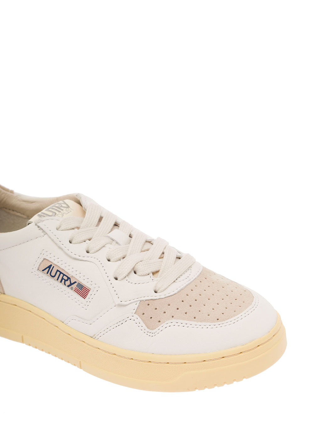 White And Beige Medalist Low Sneakers With Lace-Up Fastening Leather Woman Goat Suede Cow