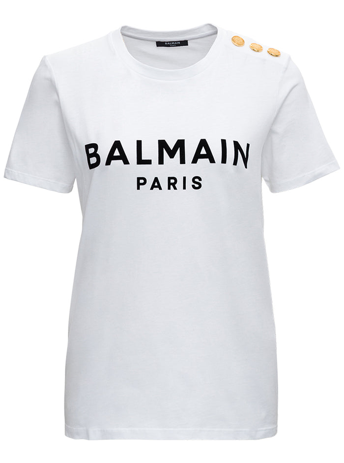 White Crewneck T-Shirt With Logo Print And Golden Buttons Jersey Woman Organic Cotton Tshirts Polo Shirts