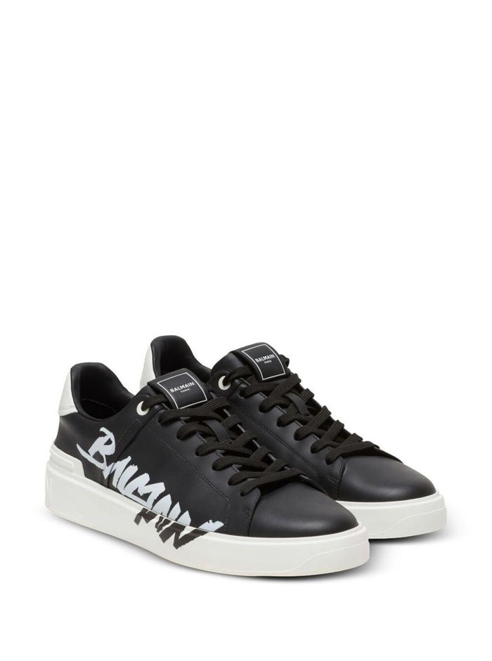 B Court Black Low Top Sneakers With Contrasting Logo Print Leather Man Calf