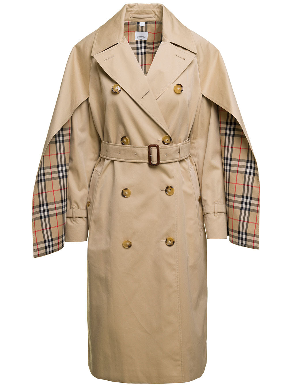 Beige Trench Coat With Cape Lined Sleeves Cotton Woman