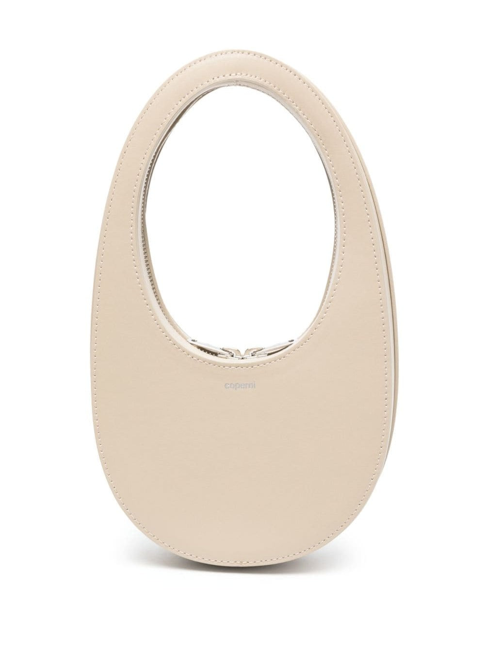 Beige Monochrome Mini Swipe Bag With Oval Handle Leather Woman Calf Shoulder