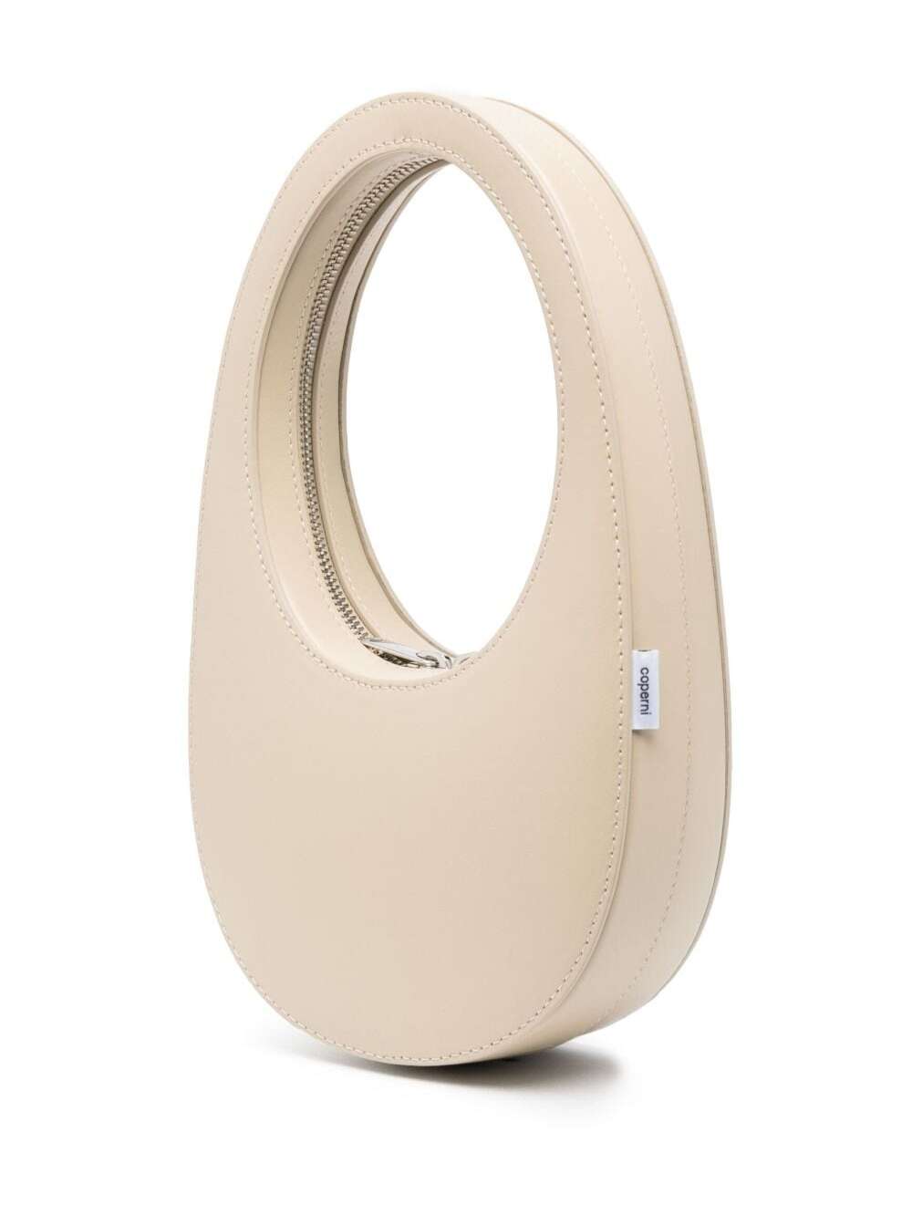 Beige Monochrome Mini Swipe Bag With Oval Handle Leather Woman Calf Shoulder