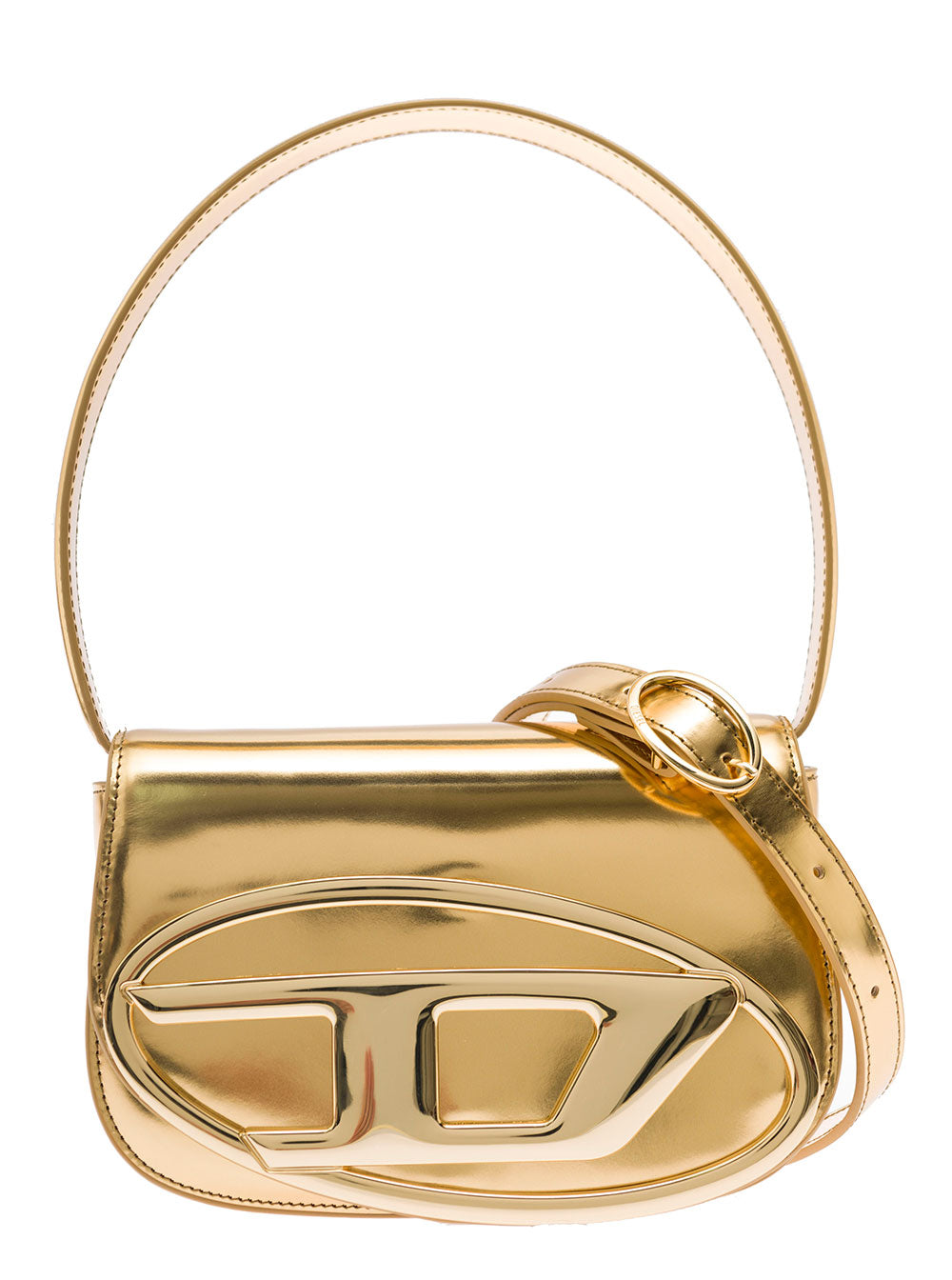 1dr Gold-Colored Handbag With Electroplated Oval D Plaque Glossy Mirrored-Leather Woman Metallic Pmu Shoulder Bags