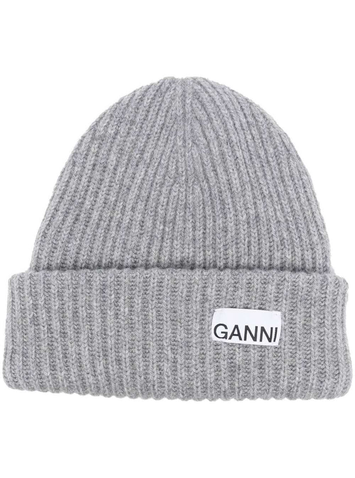 Grey Fisherman Rib Beanie With Logo Patch Wool Blend Woman Hats And Gloves