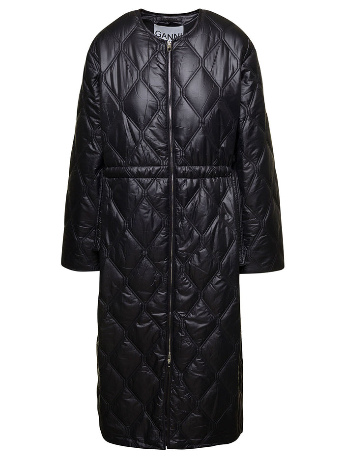Shiny Quilt Long Coat Black Recycled Nylon
