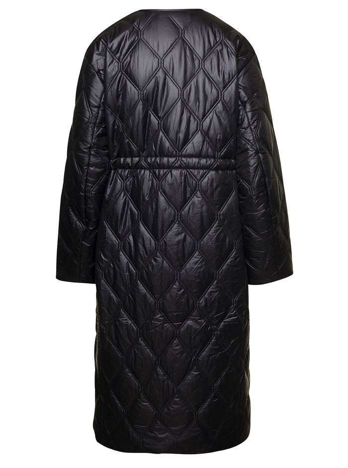 Shiny Quilt Long Coat Black Recycled Nylon
