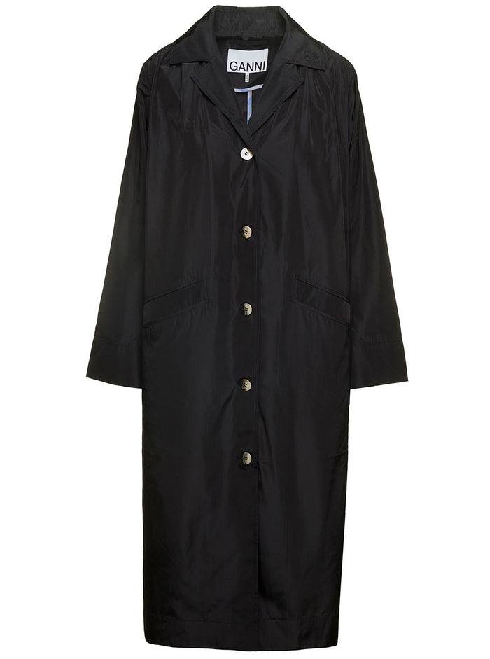 Summer Long Black Single-Breasted Trench Coat With Buttons And Patch Pockets Recycled Tech Fabric Woman Polyester
