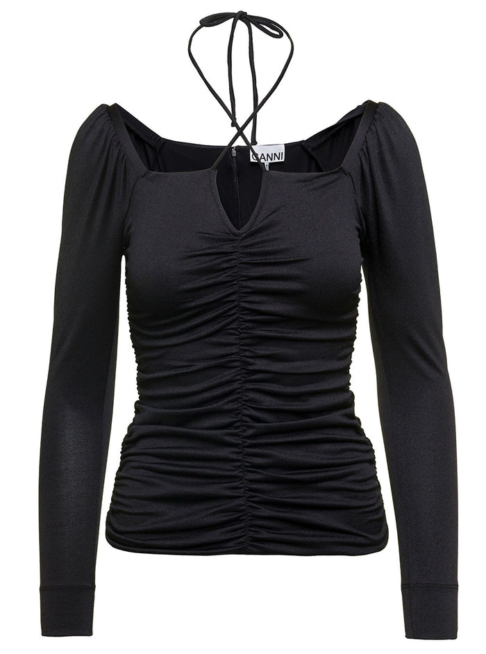 Black Blouse With Criss-Cross Straps And Long Sleeves Recycled Fabric Woman Polyester Elastane