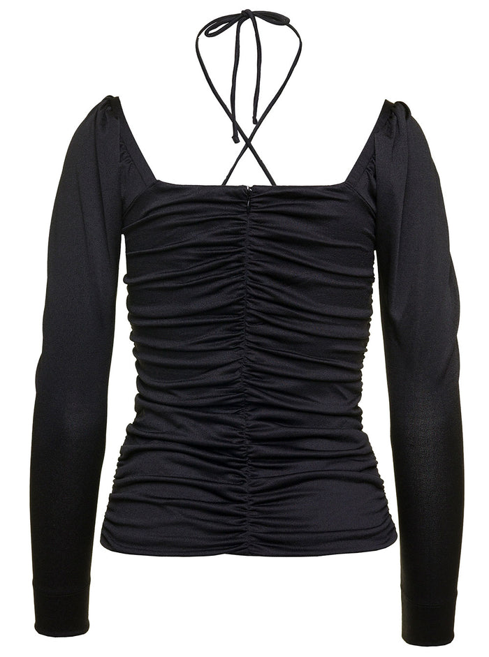 Black Blouse With Criss-Cross Straps And Long Sleeves Recycled Fabric Woman Polyester Elastane