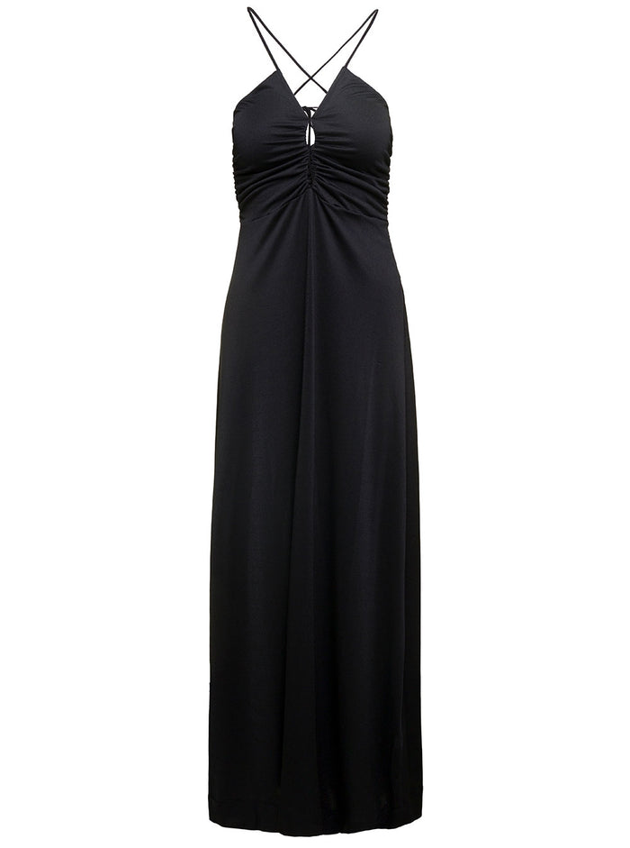 Maxi Black Dress With Drawstring And Criss-Cross Straps Jersey Woman Recycled Polyester Elastane Long