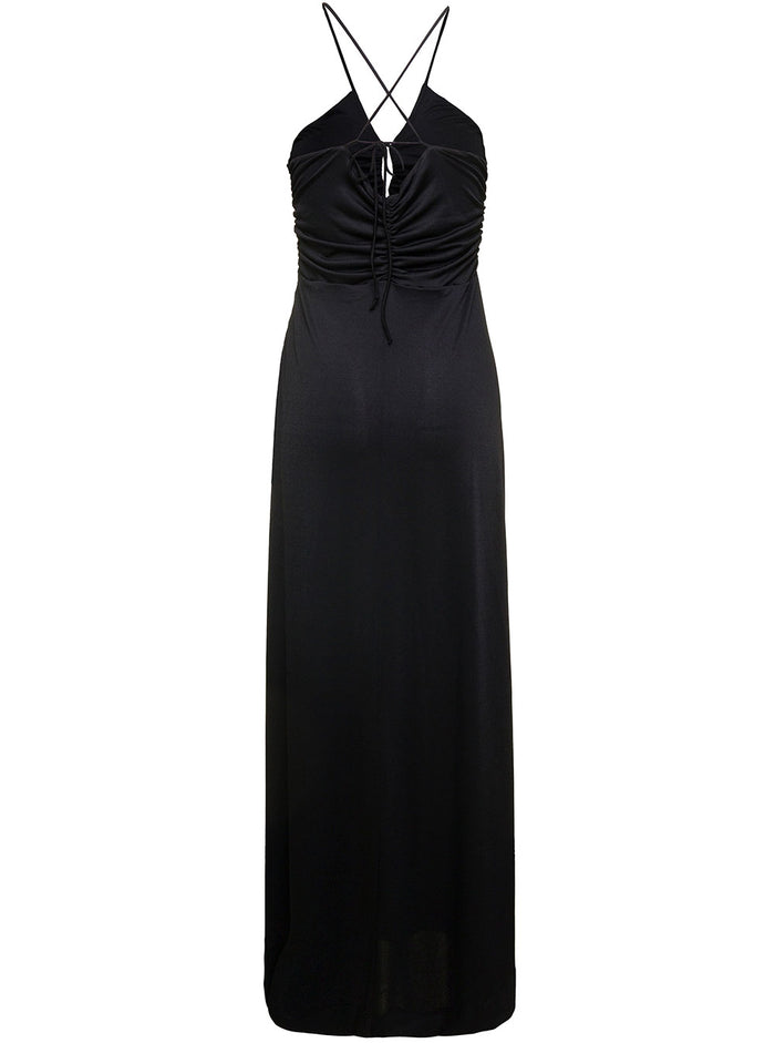 Maxi Black Dress With Drawstring And Criss-Cross Straps Jersey Woman Recycled Polyester Elastane Long