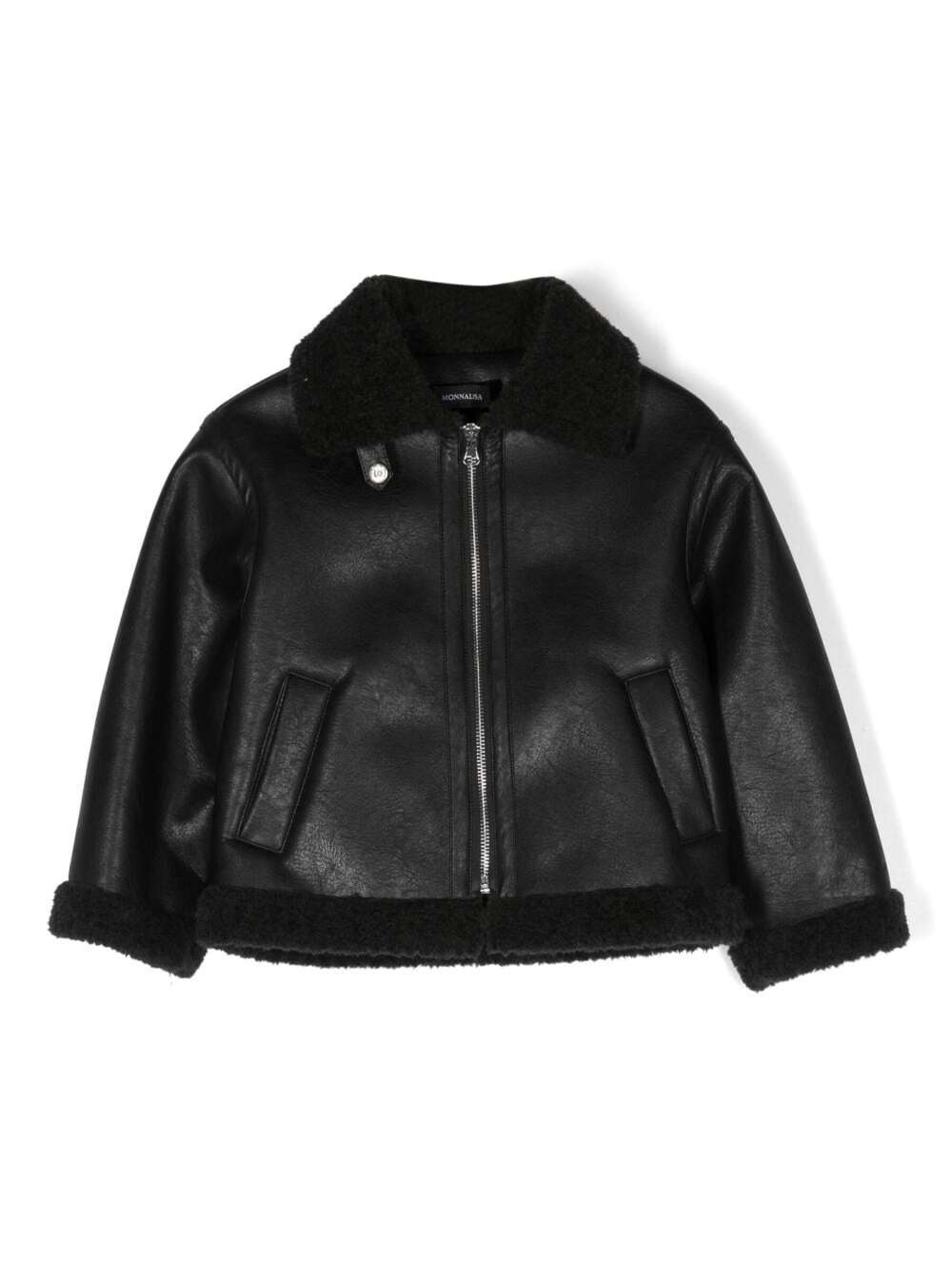 Aviator Black Jacket With M Logo Patch At The Back Faux Leather Girl Polyurethane