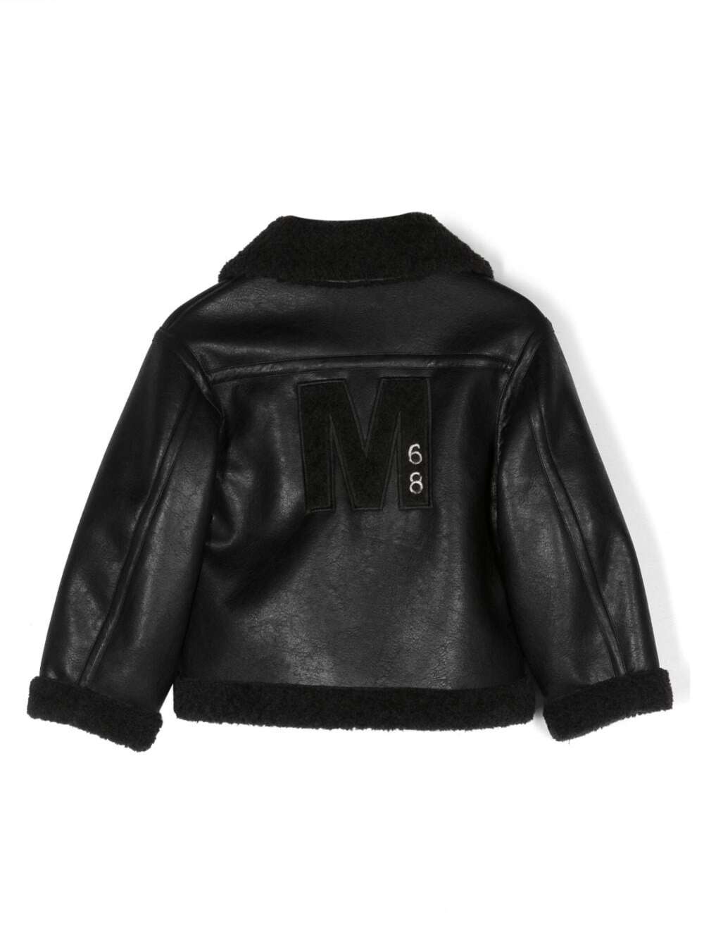 Aviator Black Jacket With M Logo Patch At The Back Faux Leather Girl Polyurethane