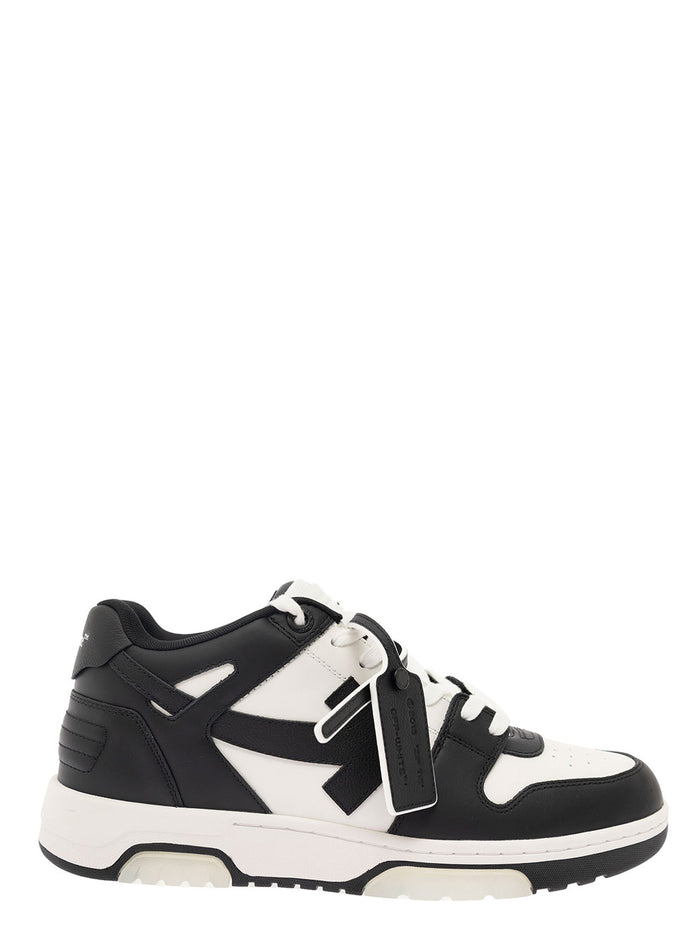 Out Of Office Black And White Low Top Sneakers With Arrow Motif Zip-Tie Tag Leather Man Calf