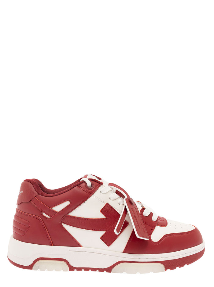 Out Of Office Red And White Low Top Sneakers With Arrow Motif Zip-Tie Tag Leather Man Calf