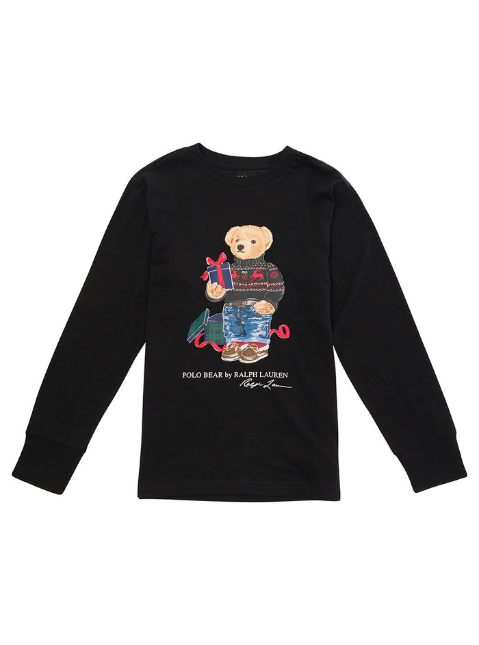 Black Long Sleeve T-Shirt With Polo Bear Print Cotton Boy Jersey